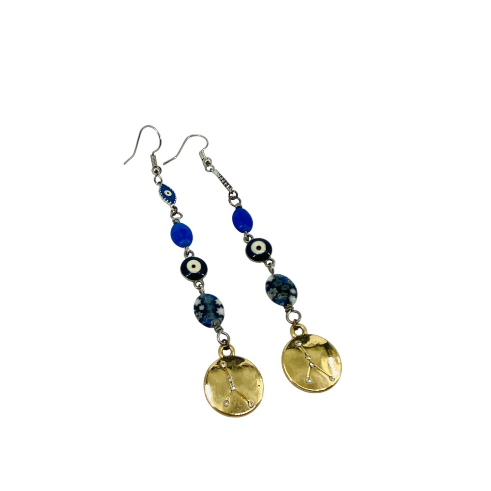Anthropologie Evil Eye Cancer Zodiac Dangle Earrings Women OS Blue Gold Boho